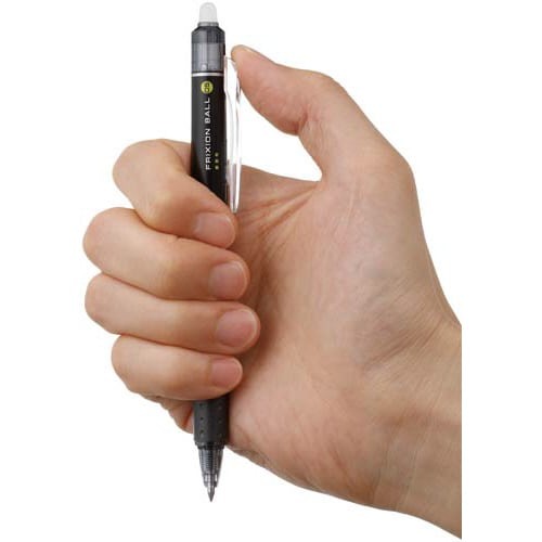 フリクションボールノック 0.5mm 青 細長いボディと青いインクが見える状態
