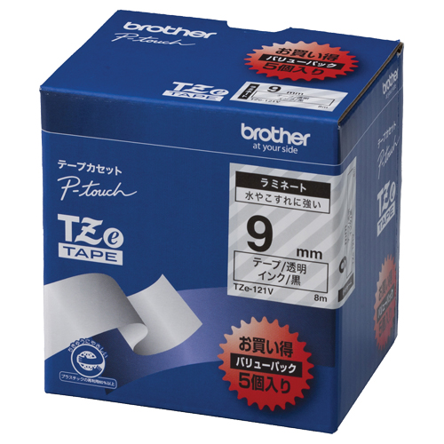 ピータッチ TZeテープ ラミネートテープ 9mm 透明/黒文字 業務用パック 1パック(5個)