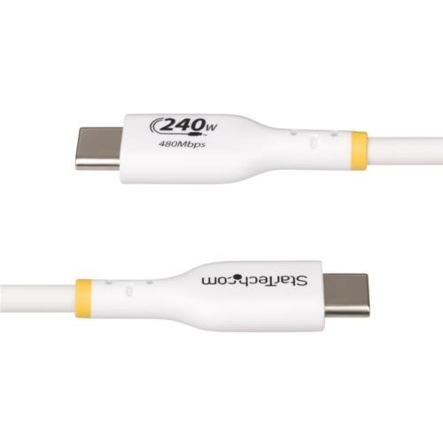 USB-C充電ケーブル　2m　オス・オス　ホワイト　1本 ケーブル全体がしっかりと整えられた状態で、白い皮膜が際立っている様子