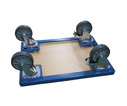 605x405mm/250kg ドーリー(ブレーキ付/木製天板) 木製天板のドーリーが上から見える状態、ブレーキが付いている様子