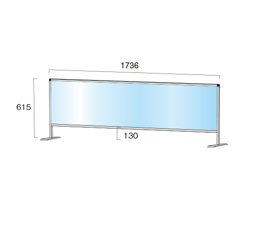 パーテーションスタンド　450×1700mm 透明なパーテーションが正面から見える状態、シンプルなデザインで上部に曲線がある。