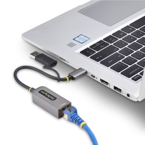 USB有線LANアダプター　ギガビット対応　スペースグレー　1個 コンパクトでシンプルなデザインのアダプター、接続端子が正面に見える状態。