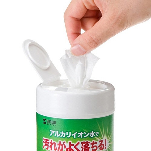 OAウェットティッシュ　パソコン用　ボトルタイプ　1個(50枚) ボトルタイプのウェットティッシュが横向きに置かれ、キャップ部分が一部開いている状態