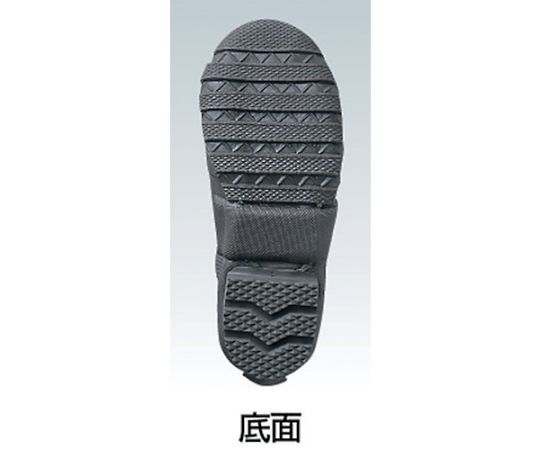 土木作業長靴緑25.5cm 側面からのアングルで、足首までの高さがある緑色の長靴が静置されている状況。