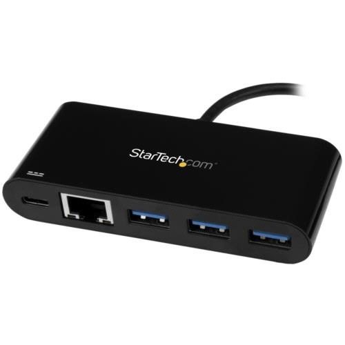 USB-C接続ギガビット有線LANアダプタ　3ポートUSB3.0ハブ搭載　ブラック　1個 ポートが配置された側面の様子、滑らかなブラック仕上げ。
