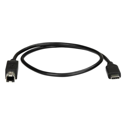USB2.0　プリンターケーブル　Type　B(オス)-Type　C(オス)　0.5m　ブラック　1本 黒いケーブルが水平に置かれた状態、コネクタ部分が両端に見える