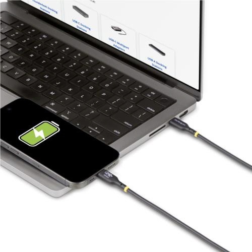 USB-C充電ケーブル　1m　オス・オス　ブラック　1本 ケーブルの接続端子が上部を向いている状態で、全長1mのシンプルなデザインが確認できる。