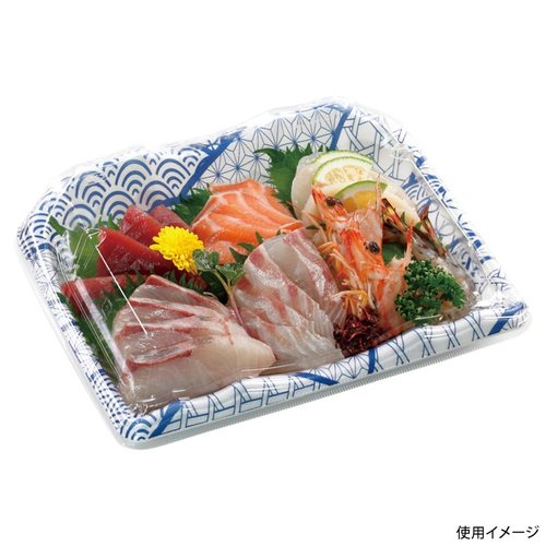 刺身容器 豊山24-19 本体 なみ紋青 エフピコ 青い波紋模様のデザインが施された横長の容器が見える状態