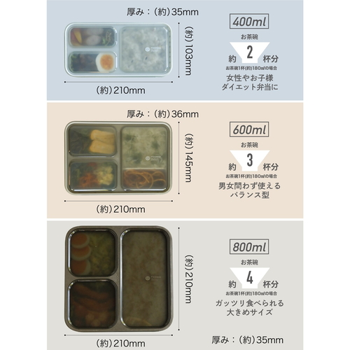 お弁当箱　400ml　抗菌　フードマン　FOODMAN　薄型　弁当箱　1段　ライトグレー ライトグレーの薄型弁当箱が横向きで置かれた様子、蓋が開いて中が見える状態。