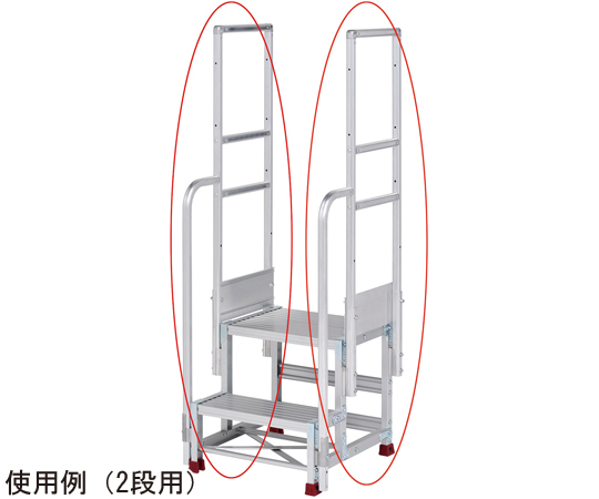 YPS作業台　オプション品　片手すり　2段用 片側に取り付けられた手すりが見える2段構造の作業台