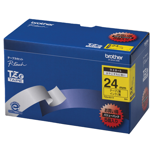 ピータッチ TZeテープ ラミネートテープ 24mm 黄/黒文字 業務用パック 1パック(5個)