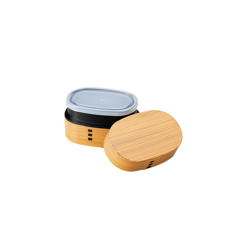 お弁当箱 HAKOYA わっぱ弁当 小 520ml 小判型 ひのき 上部から見下ろした状態で、蓋が半分開いたままの小判型の弁当箱。