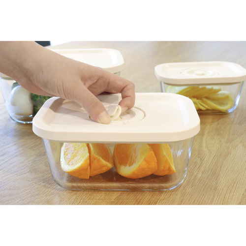 保存容器　800ml　真空シーラー　Fresh　Planキャニスター　M 透明な容器に真空シーラーが装着されている様子