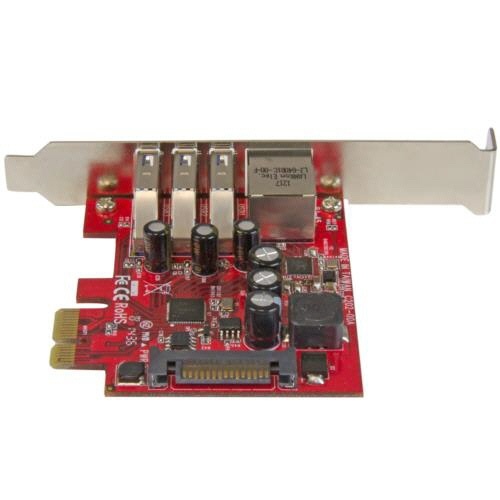 3ポートUSB　3.0　1ポート増設PCI　Expressインターフェースカード　レッド　1個 赤い基盤に3つのUSBポートが並ぶカードの上面