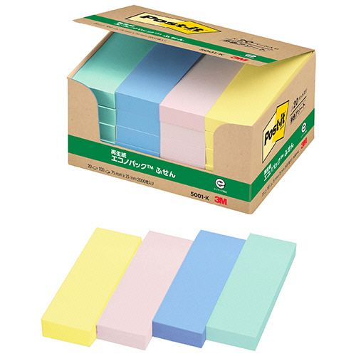 ﾎﾟｽﾄ･ｲｯﾄ ｴｺﾉﾊﾟｯｸ ふせん 再生紙 75×25mm 4色 1ﾊﾟｯｸ(20冊)画像