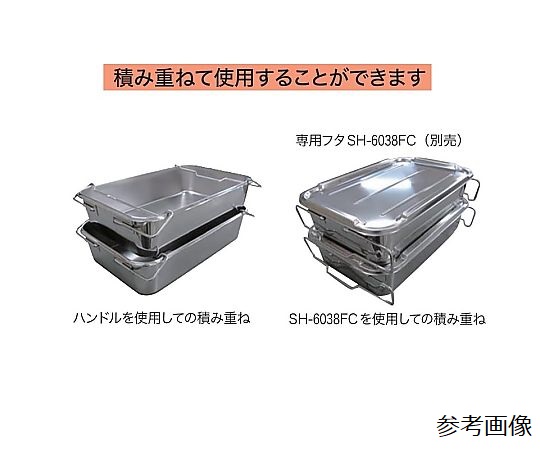 18-8 給食バット 運搬型 半カールフランジタイプ H200mm 約40L 明るいステンレス仕上げの大容量バットが横向きに置かれている状態