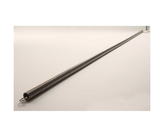 ステンレス引きバネ　線径1.4mm×外径12mm×自由長900mm 波状の表面を持つ金属製のバネが横向きに配置されている様子