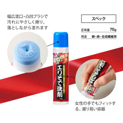 シミ抜き　染み抜き　クリーニング屋さんのエリそで洗剤　浸透力1.4倍 上方から撮影されたボトル、透明な液体が入っている様子