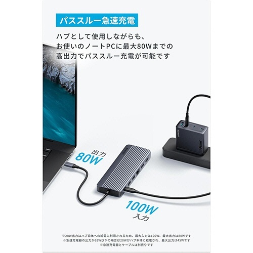 ANKER　USB-Cハブ(14-in-1　Triple　Display　PD100W対応)　ブラック　1個 商品全体が正面から見える状態で、各ポートがはっきりと確認できる。