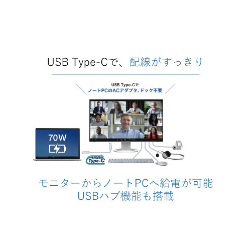 27型 Type-C搭載モニター ブラック フレームが薄くスリムなデザインの正面から見たモニター