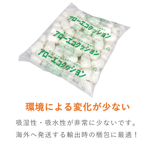 アローエコクッション 紙製・発泡緩衝材（300×370mm小袋・65個入）※平日9～17時受取限定(日時指定×) 透明な小袋にまとめられた白い発泡緩衝材が横向きに平らに65個重ねられ、上部にラベルが貼られている様子
