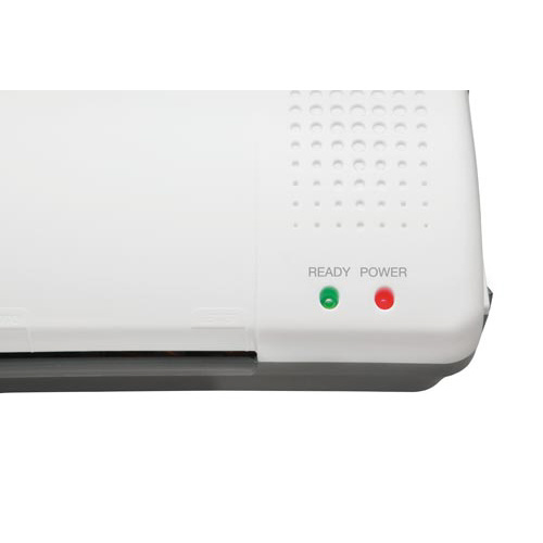 パウチラミネーター E320B インクの入ったフィーダーが見える状態で、正面から撮影された機器