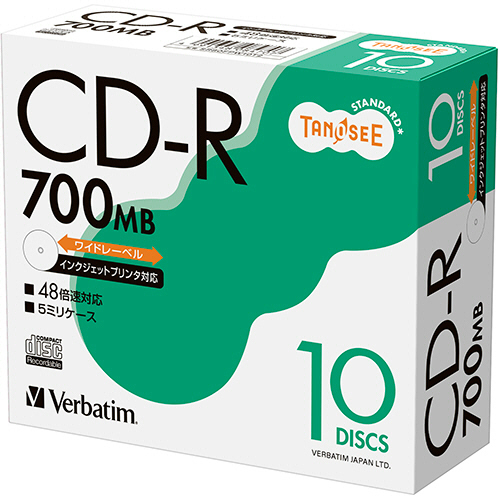 ﾃﾞｰﾀ用CD-R 700MB 48倍速 ﾎﾜｲﾄﾜｲﾄﾞﾌﾟﾘﾝﾀﾌﾞﾙ 5mmｽﾘﾑｹｰｽ 1ﾊﾟｯｸ(10枚)画像