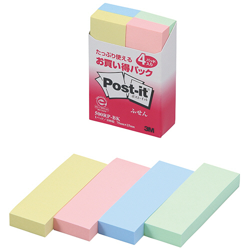 ﾎﾟｽﾄ･ｲｯﾄ お買い得ﾊﾟｯｸ ふせん再生紙75×25mm4色 1ｾｯﾄ(40冊:4冊×10ﾊﾟｯｸ)画像