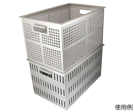 18-8軽量ステンレスコンテナ 底面高通気タイプ 515×340×H290mm 表面に光沢のあるメタリックな質感で、通気口が見える側面が強調されている状態