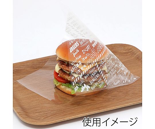 OPPバーガー袋 18-18 エンジョイ 100枚入 透明な袋が立てられ、内部に商品の形が透けて見える状態