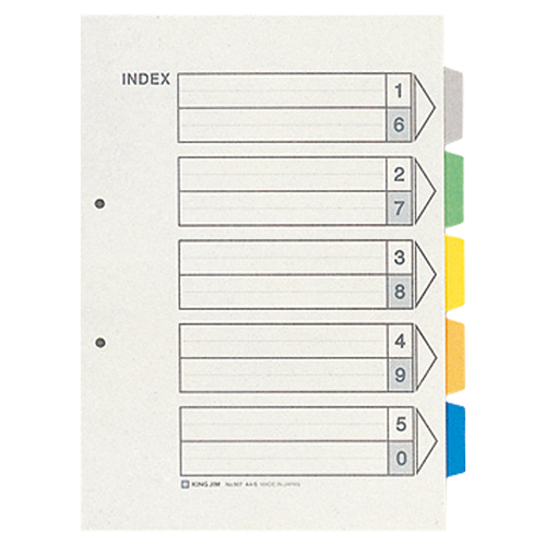 ｶﾗｰｲﾝﾃﾞｯｸｽ A4ﾀﾃ 2穴 5色5山+扉紙 1ﾊﾟｯｸ(10組)画像