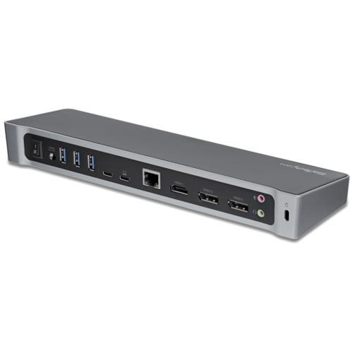 USB-C接続ドッキングステーション　ブラック&シルバー　1台 右側からの斜め視点でのドッキングステーション、ブラックとシルバーのコントラストが際立つ。