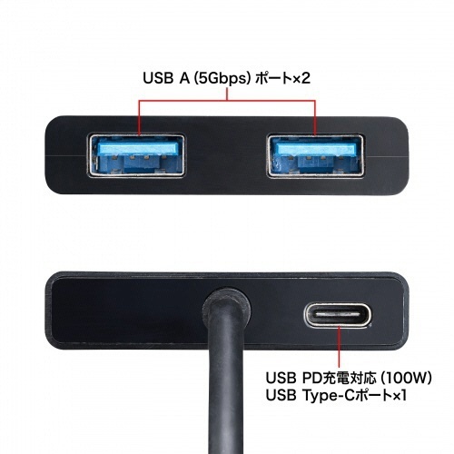 USB　Type-C　ハブ(Aポート×2・Type-Cポート×1)　ブラック　1個 表面に光沢のあるブラックのハブ、ポートが正面に向いている状態
