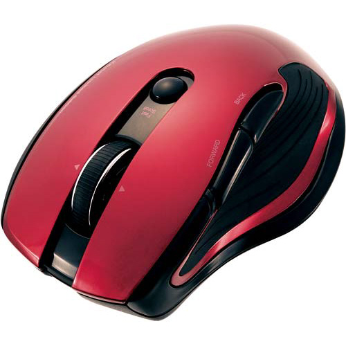 カウネット限定 無線ブルーLEDマウス レッド 赤と黒のツートンカラーで、斜め上から撮影されたワイヤレスマウスの全体像