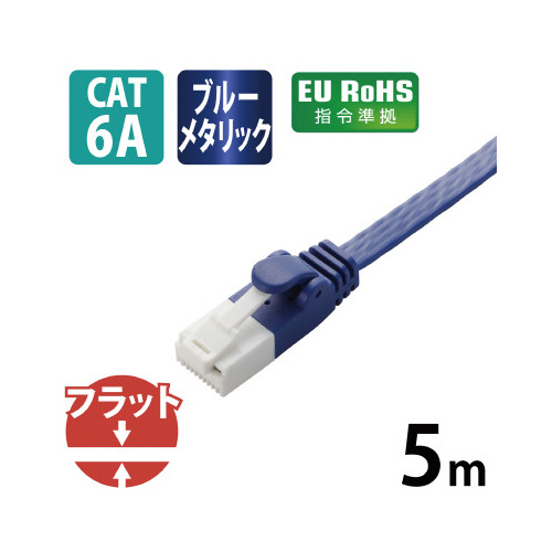CAT6AフラットLANケーブル/5m/ブルー フラット形状で配線された青いケーブルが横たわっている様子