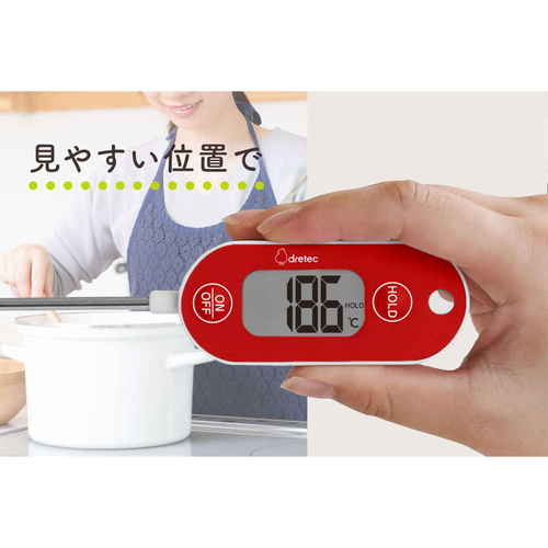 料理用温度計　防水クッキング温度計　レッド 鮮やかなレッドの温度計がクリアな背景に置かれ、測定スケールがはっきりと見える状態