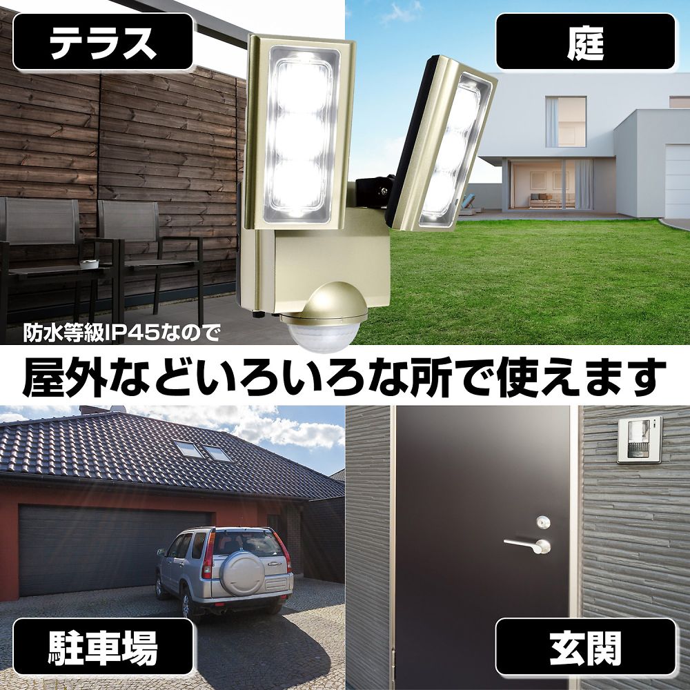 AC　センサーライト センサーライトが壁に取り付けられ、周囲が明るく照らされている様子