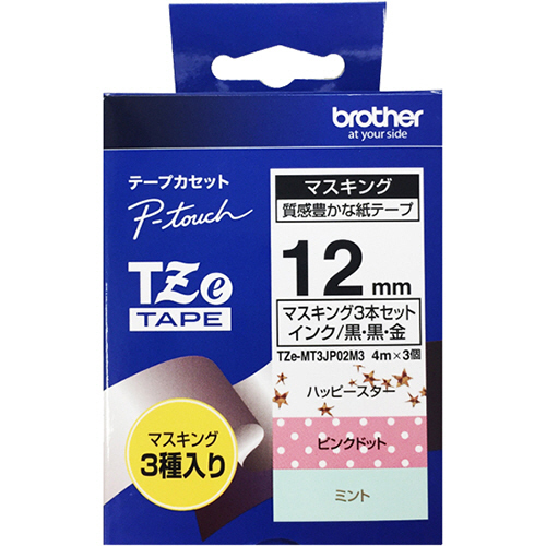 ﾋﾟｰﾀｯﾁTZeﾃｰﾌﾟ3個ｾｯﾄ12mm ﾊｯﾋﾟｰ/黒･ﾋﾟﾝｸ/黒･ﾐﾝﾄG/金 1ﾊﾟｯｸ(3個:各色1個)