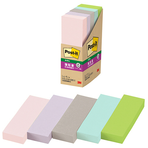 ﾎﾟｽﾄ･ｲｯﾄ 強粘着ふせん 再生紙 75×25mm ﾊﾟｽﾃﾙｶﾗｰ5色 1ﾊﾟｯｸ(5冊)画像