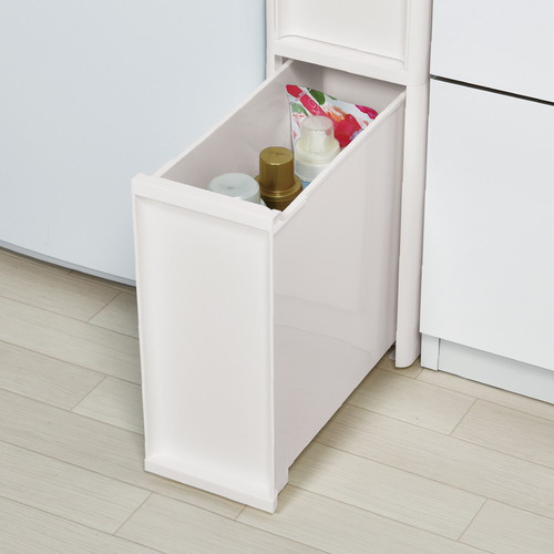 キッチンストッカー　LISE　リセ　スタイルスリムストッカー　幅18cm　高さ85cm　全2タイプ　S2段M1段L1段 白い収納ボックスが積み重なり、脱着可能な棚が見える状態