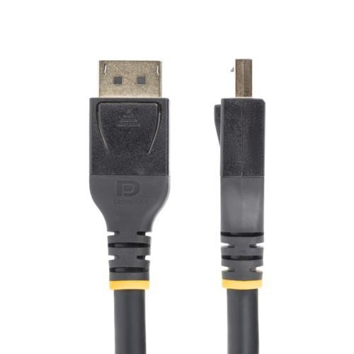 DisplayPort　1.4ケーブル　15m　4K/120Hz　オス-オス　ブラック　1本 黒いケーブルが直線的に配置され、長さを示すためにテーブルの上に伸びている様子