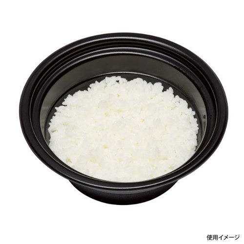 どんぶり容器 テイク丼 170B 黒 リスパック 円形の黒い容器が上から見える状態、フタが載せられた様子が確認できる。