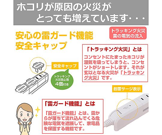 AC125V/15Ax2m 回転タップ(7口/雷サージ) タップが並んだ状態で、プラグが付属している様子