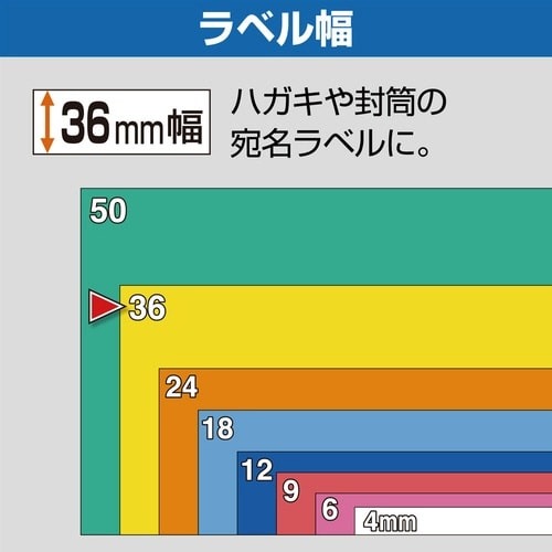 テプラ PROテープ パステル緑ラベル36mm黒字 パステル緑のラベルが特徴的な黒字のテープが円筒状に巻かれている様子