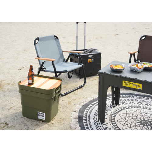 トランクカーゴ　テーブルトップ　20L対応 透明のフタが取り付けられた収納ケースが横置きで並んでいる様子