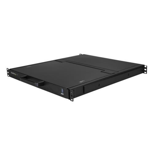 KVMコンソール　ラックマウント型　17型モニター　1台 角度を変えた高解像度のモニターがラックに取り付けられた状態
