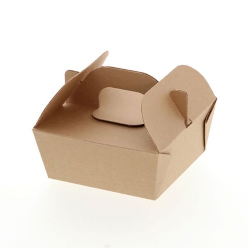ケーキ箱 NFネオクラフト キャリーフードBOX S バラ HEIKO（シモジマ） 茶色のクラフト紙で包まれた箱が正面に向いている状態