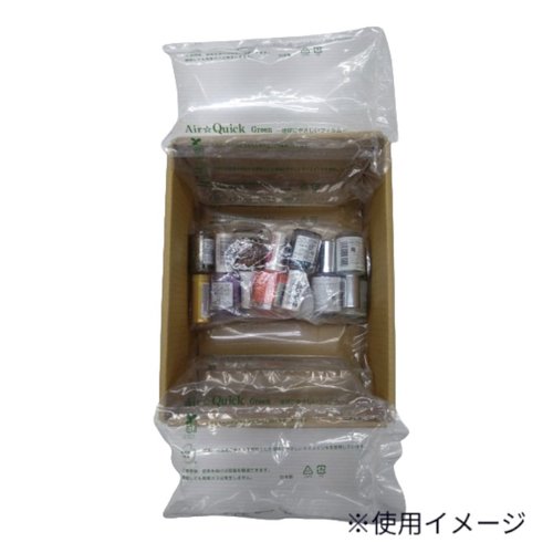 緩衝材 エアークイックαフィルム(バイオマス10％入) Pα210-BL40 250M巻 トヨコン 巻き取られた状態の透明なフィルムが見える様子