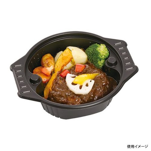 スープ容器 CN-なべ 中 黒本体 エフピコチューパ 黒色の丸形容器が横から見える状態、蓋付きでシンプルなデザイン。
