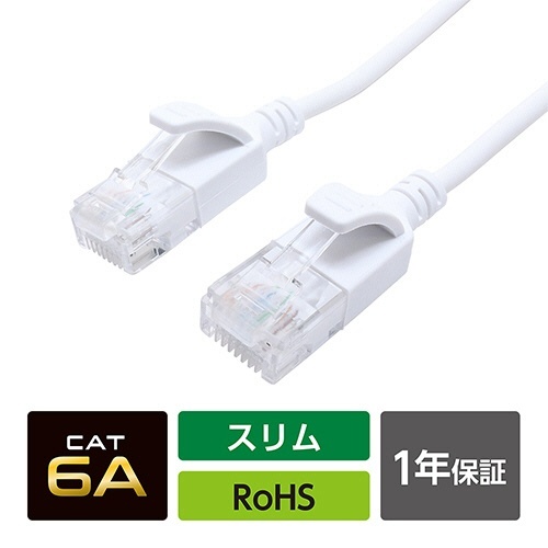 ミヨシ CAT.6A LANケーブル スリム ホワイト 0.3m 1本 白色のスリム型LANケーブルが、ゆったりと広がっている様子